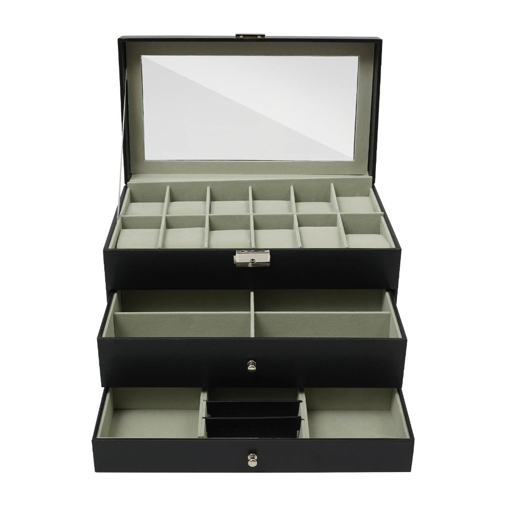Caja de Joyería, Estuche de Almacenamiento de Joyería con 2 Cajones, Organizador de Joyería de 3 Niveles, Estuche de Reloj con 12 Ranuras, Gabinete de Joyería de Escritorio para Pendientes y Anillos, Gran Regalo, Negro