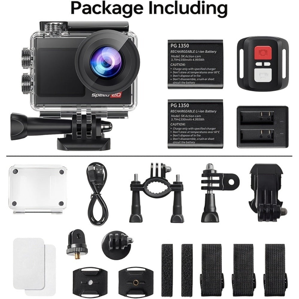 Cámara de Acción 4K HD, con Kit de Accesorios Completo, Pantalla OLED de 1.4 Pulgadas, Estabilización de Imagen Digital, Control de Exposición Automático, Conectividad WiFi, Formato MP4, Lente Ojo de Pez, Enfoque Automático Híbrido, Medición de Peso Centr