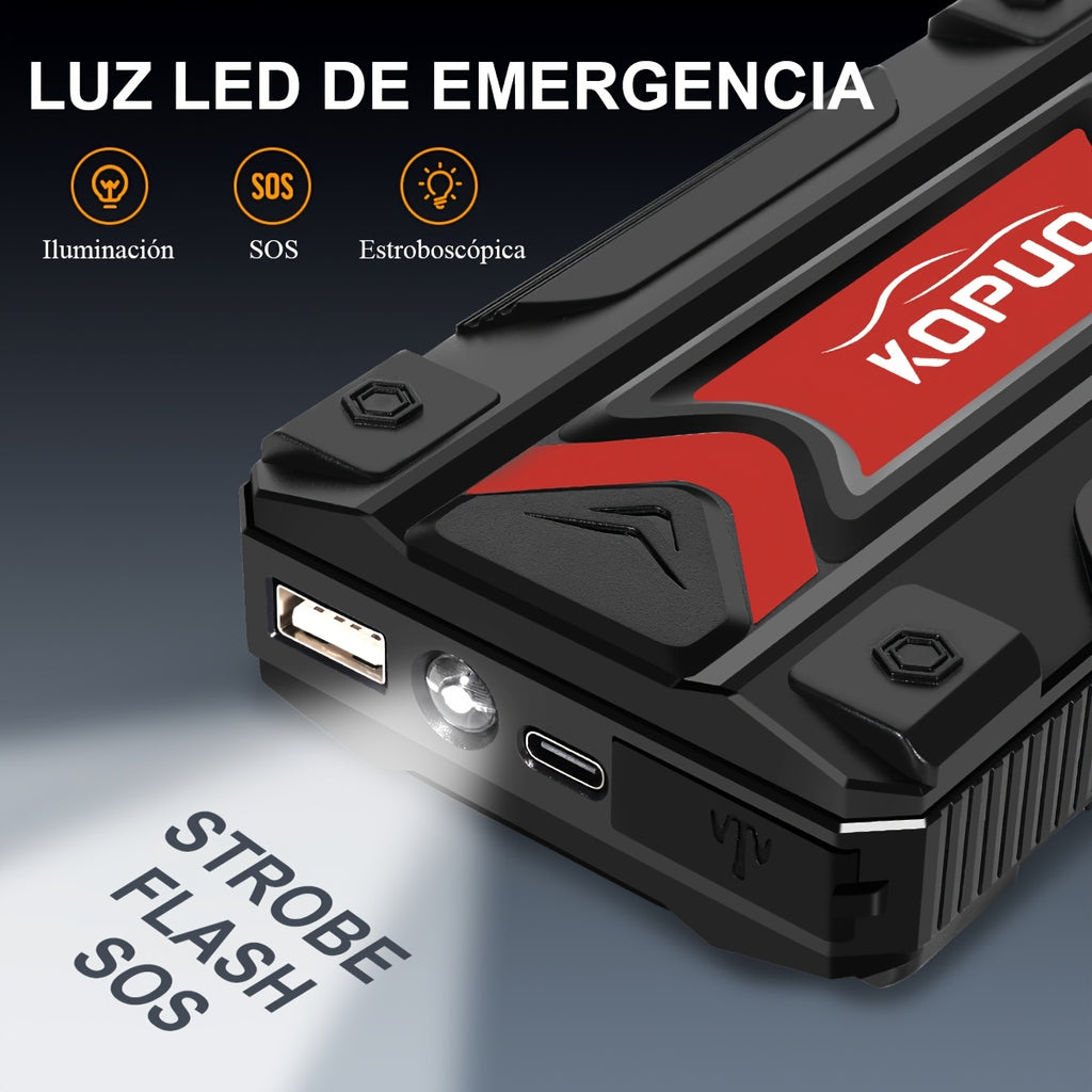 Arrancador de Coche - 12V 3000A Pico, Inicia 6.0L Gasolina/5.0L Diésel en 3s. Carga Rápida USB-C PD para Teléfonos/Portátiles. Linterna LED (SOS/Estroboscópica). Para Coches, SUV, Camiones, Motos, Barcos. Ideal para Viajes, Camping, Invierno, Baterías Mue