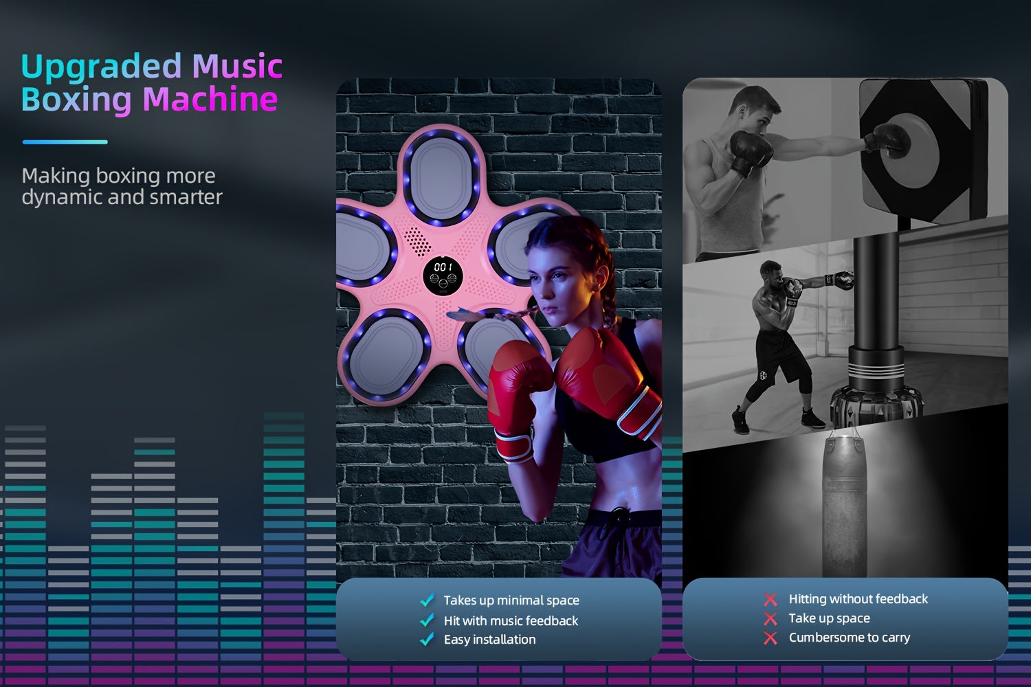 Máquina de Boxeo Musical Interactiva con Guantes, Carga USB, Material PE - Equipo de Entrenamiento en Casa y Reflejos para Adultos, Montaje en Pared, Negro