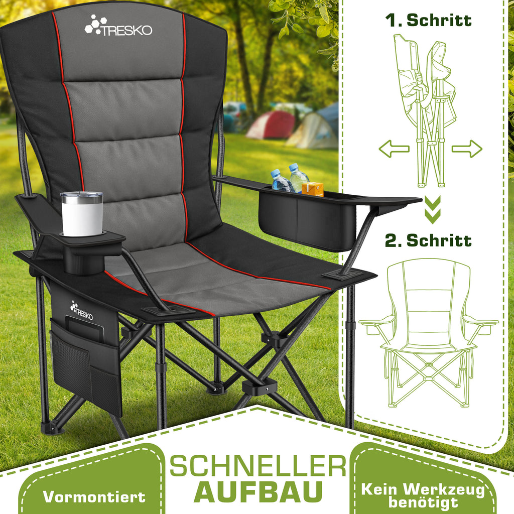 TRESKO® Silla de Camping Plegable hasta 200Kg | Silla Plegable con Bolsa Nevera, Portavasos y Bolsillo Lateral | Silla XXL Plegable Incluye Bolsa de Transporte | Silla de Pesca Acolchada para Exterior, Pesca, Festival y Jardín