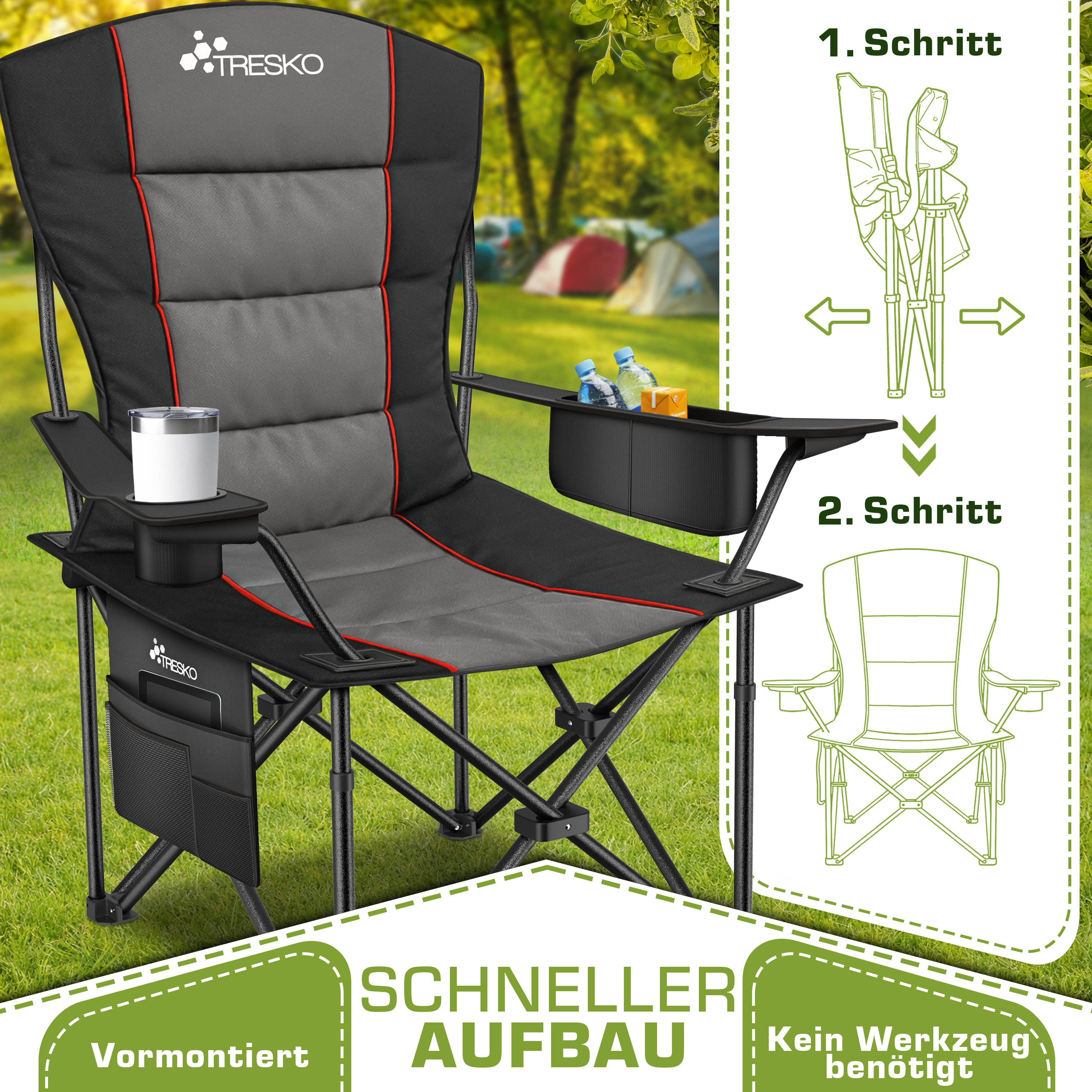 TRESKO® Silla de Camping Plegable hasta 200Kg | Silla Plegable con Bolsa Nevera, Portavasos y Bolsillo Lateral | Silla XXL Plegable Incluye Bolsa de Transporte | Silla de Pesca Acolchada para Exterior, Pesca, Festival y Jardín