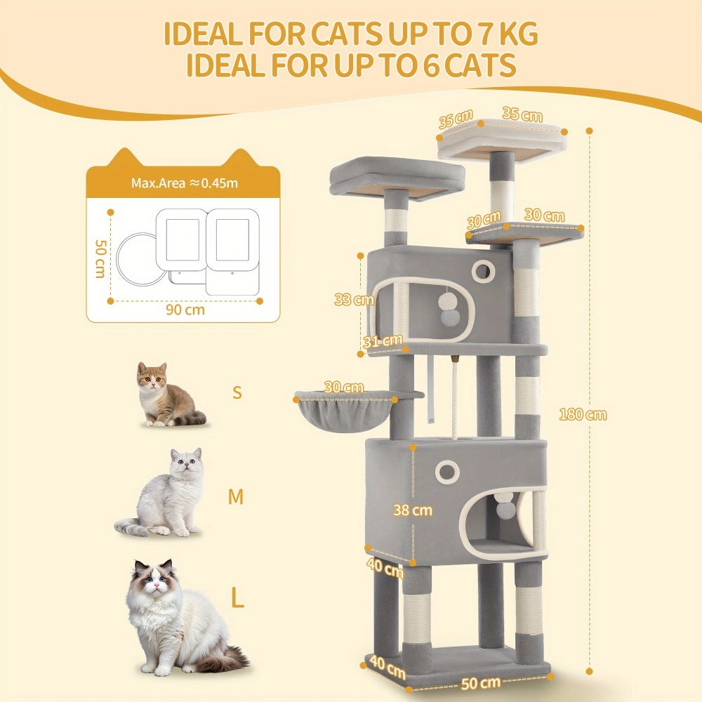 Árbol para Gatos, 180 cm con 8 Postes para Rascar, 3 Plataformas, 2 Cuevas, Cesta, Pelotas de Peluche, Cuerda de Sisal, Adecuado para Gatos de Varios Tamaños, Beige/Gris Claro/Gris Oscuro