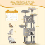 Árbol para Gatos, 180 cm con 8 Postes para Rascar, 3 Plataformas, 2 Cuevas, Cesta, Pelotas de Peluche, Cuerda de Sisal, Adecuado para Gatos de Varios Tamaños, Beige/Gris Claro/Gris Oscuro
