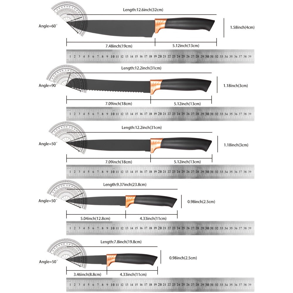 Colección de 20 piezas de cuchillos profesionales con soporte. Cuchillo de chef, cuchillo de carnicero, cuchillo para pan, cuchillo para rebanar, cuchillo deshuesador y utensilios de cocina completos. Construcción de espiga completa con mangos antidesliza