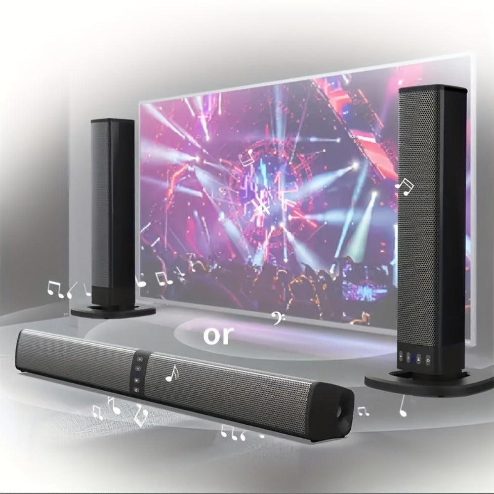 Barra de Sonido Estéreo para Smart TVs, Subwoofer sin varillas 2 en 1, Sistemas de Cine en Casa, Mejora de Graves, Conectividad Inalámbrica, TF, AUX, FM, RCA, TWS, Batería Recargable Integrada de 2000mAh, Compatible con Reproductor de DVD, TV, Computadora