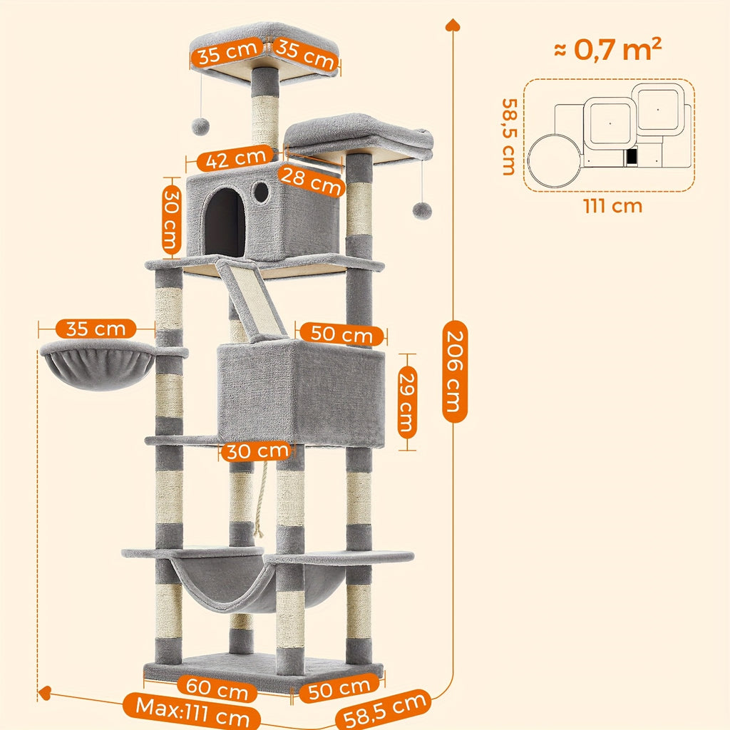 Torre rascadora para gatos 206 cm | Juego descanso y cuidado de las uñas