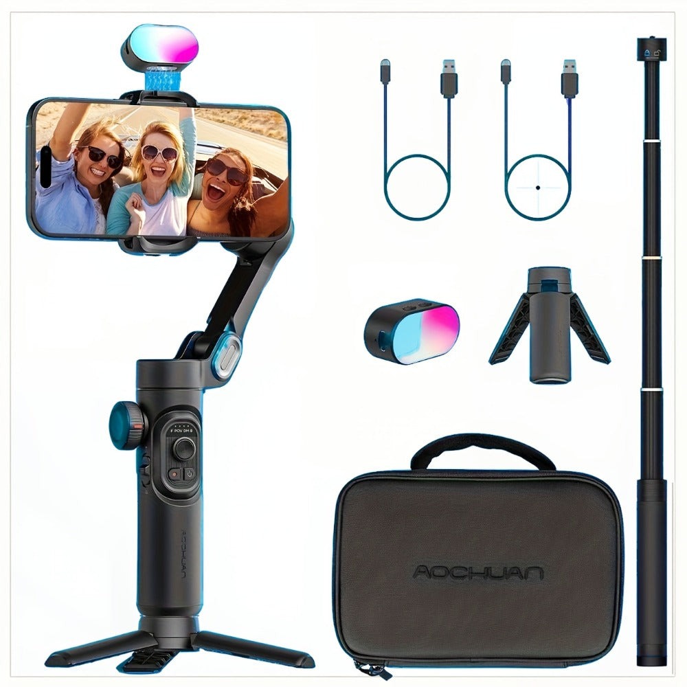Estabilizador cardán AOCHUAN en forma de 7 de 3 ejes para smartphone, aplicación AOCHUAN, antivibración, enfoque/zoom de precisión, seguimiento de rostro/objeto, varilla plegable extensible de 73 cm, luz RGB, múltiples modos de fotografía, adecuado para v