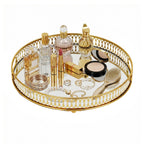 Bandeja redonda de cristal dorado con espejo y compartimentos de cristal - Bandeja de servir decorativa adecuada para tocador, estante de baño, expositor de perfumes, marco de espejo para encimera, almacenamiento de cómoda - Cristal elegante