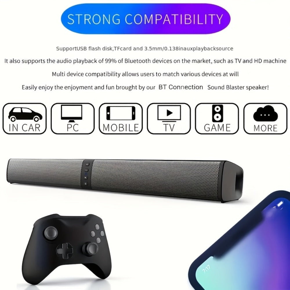 Barra de Sonido Estéreo para Smart TVs, Subwoofer sin varillas 2 en 1, Sistemas de Cine en Casa, Mejora de Graves, Conectividad Inalámbrica, TF, AUX, FM, RCA, TWS, Batería Recargable Integrada de 2000mAh, Compatible con Reproductor de DVD, TV, Computadora