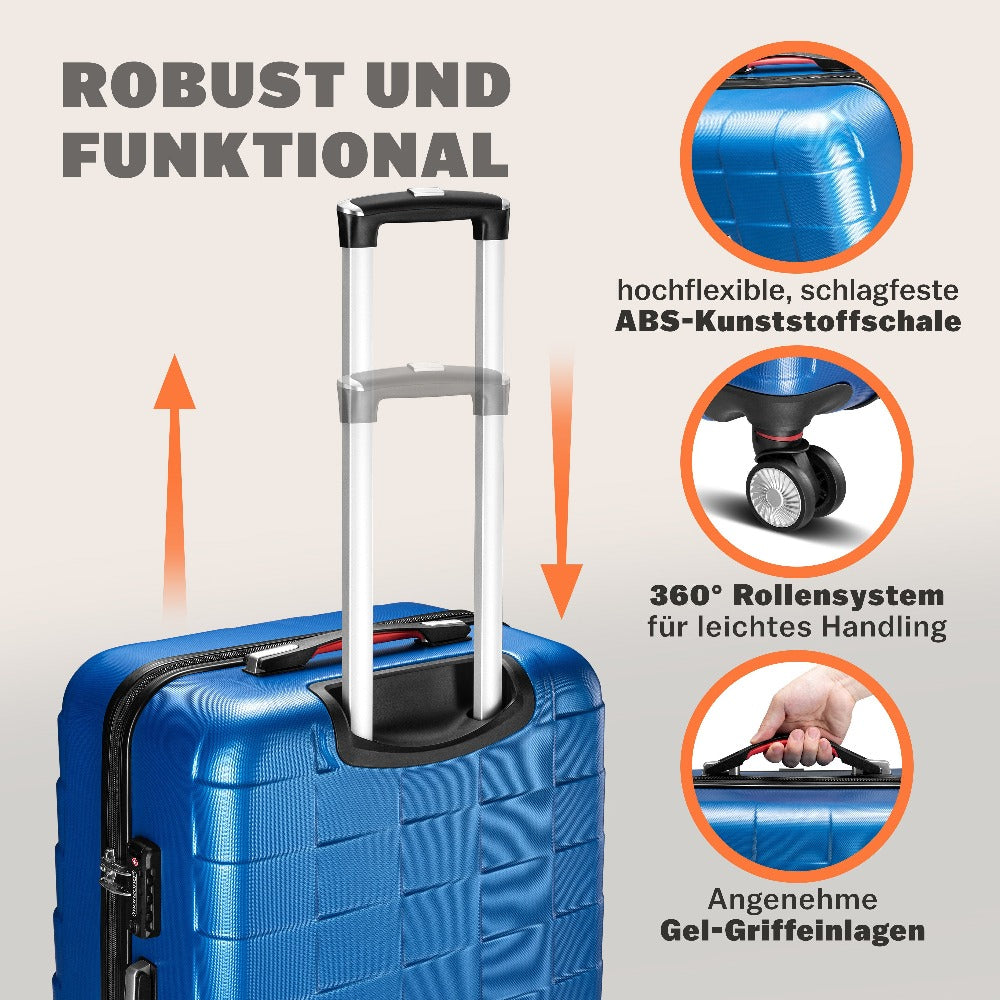 MONZANA® Juego de Maletas de 3 Piezas con Candado TSA, Maletas Rígidas en Tallas M-L-XL, Asas de Gel, 4 Ruedas Gemelas, Pies de Soporte, Maleta de Viaje con Ruedas – Negro, Azul o Champagne