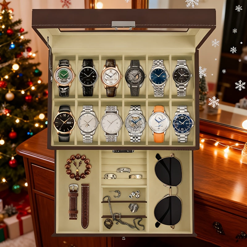 Caja de almacenamiento para relojes de 10/12 ranuras, caja de almacenamiento de doble capa, caja de almacenamiento de joyas, regalo del Día de la Madre, regalo del Día del Maestro, regalo ideal para el Día del Padre - Suministros de embalaje Jewelrynd