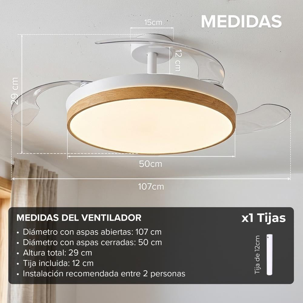 Ventilador de Techo con Luz LED Aspas Retráctiles, SPTO-2, 3 Tonalidades, Control Remoto, 6 Velocidades, Motor DC Silencioso, Temporizador, Sin WiFi