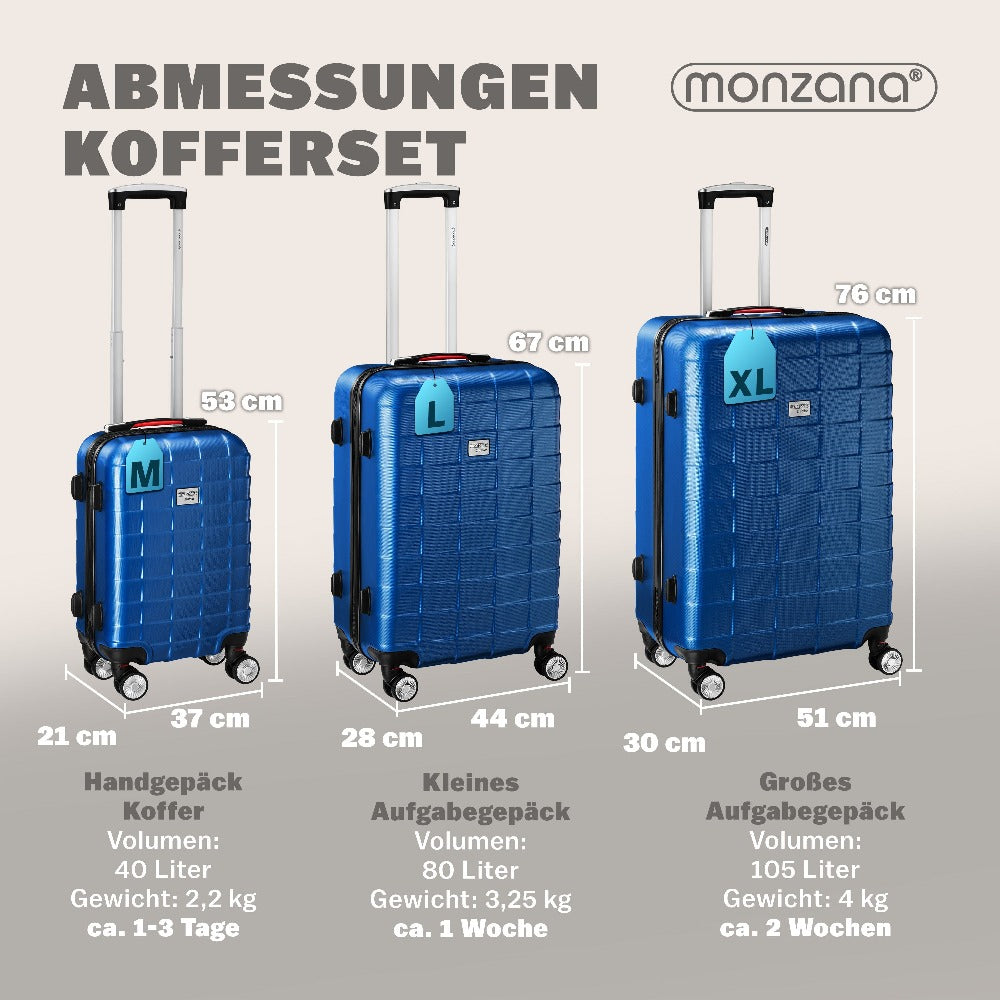 MONZANA® Juego de Maletas de 3 Piezas con Candado TSA, Maletas Rígidas en Tallas M-L-XL, Asas de Gel, 4 Ruedas Gemelas, Pies de Soporte, Maleta de Viaje con Ruedas – Negro, Azul o Champagne