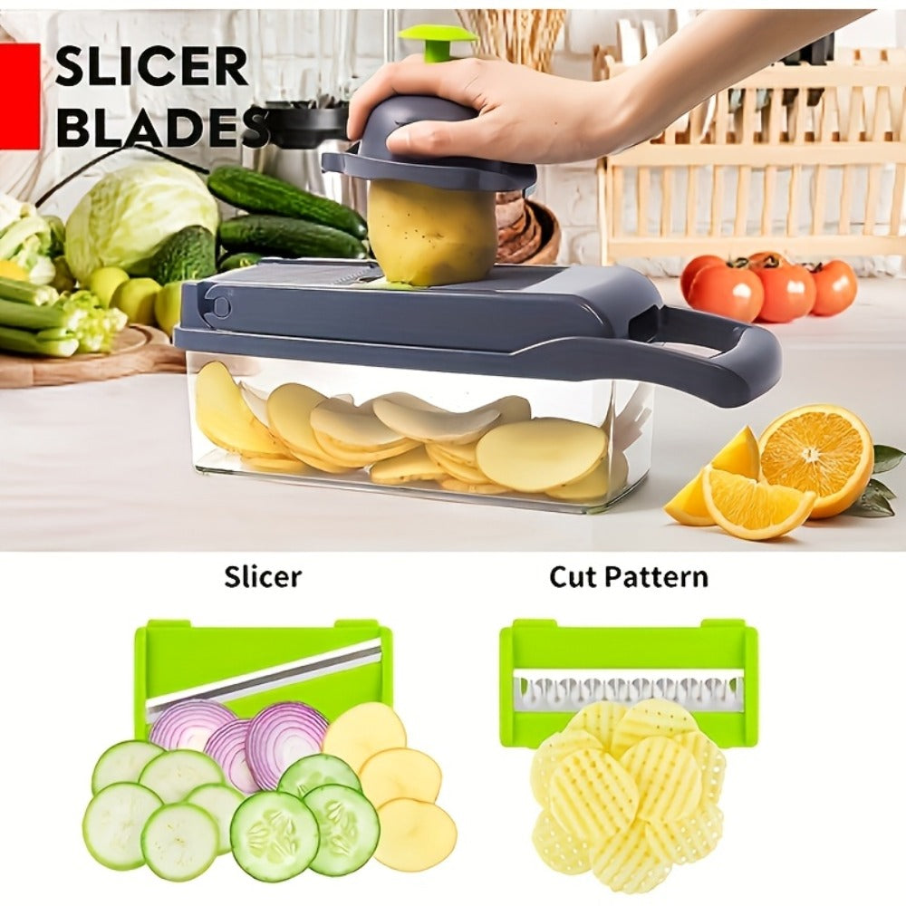 1 Juego de Picadora Manual de Verduras 16 en 1, con 8 Cuchillas, Recipiente, Pelador y Filtro, Fácil para Preparar Comidas, Cortador Profesional de Cebolla, Zanahoria y Ajo, Utensilios de Cocina