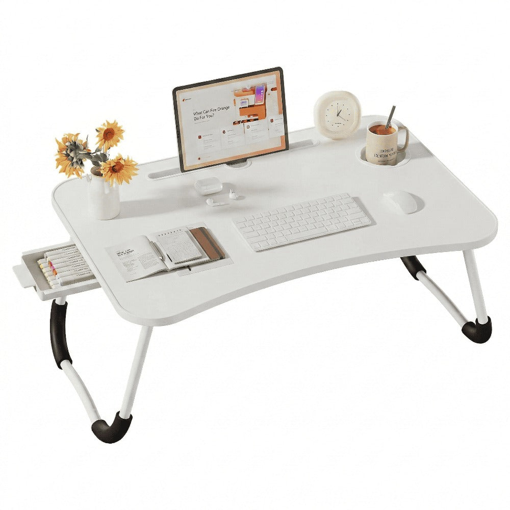 Mesa plegable multifunción para cama y sofá con portavasos, 60×40×28 cm, mesa auxiliar con atril para leer en la cama, bandeja multifunción para ordenador, libros, trabajo y estudio en casa (con cajón / sin cajón)