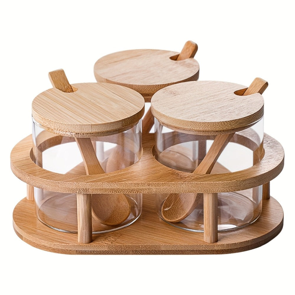 Almacén local, juego de tres tarros para condimentos con soportes triangulares. Tarros de cristal transparente para condimentos con cuchara de bambú y tapa de bambú. 280 ml × 3, aptos para sal, azúcar, especias, pimienta, tarros de condimentos de cocina