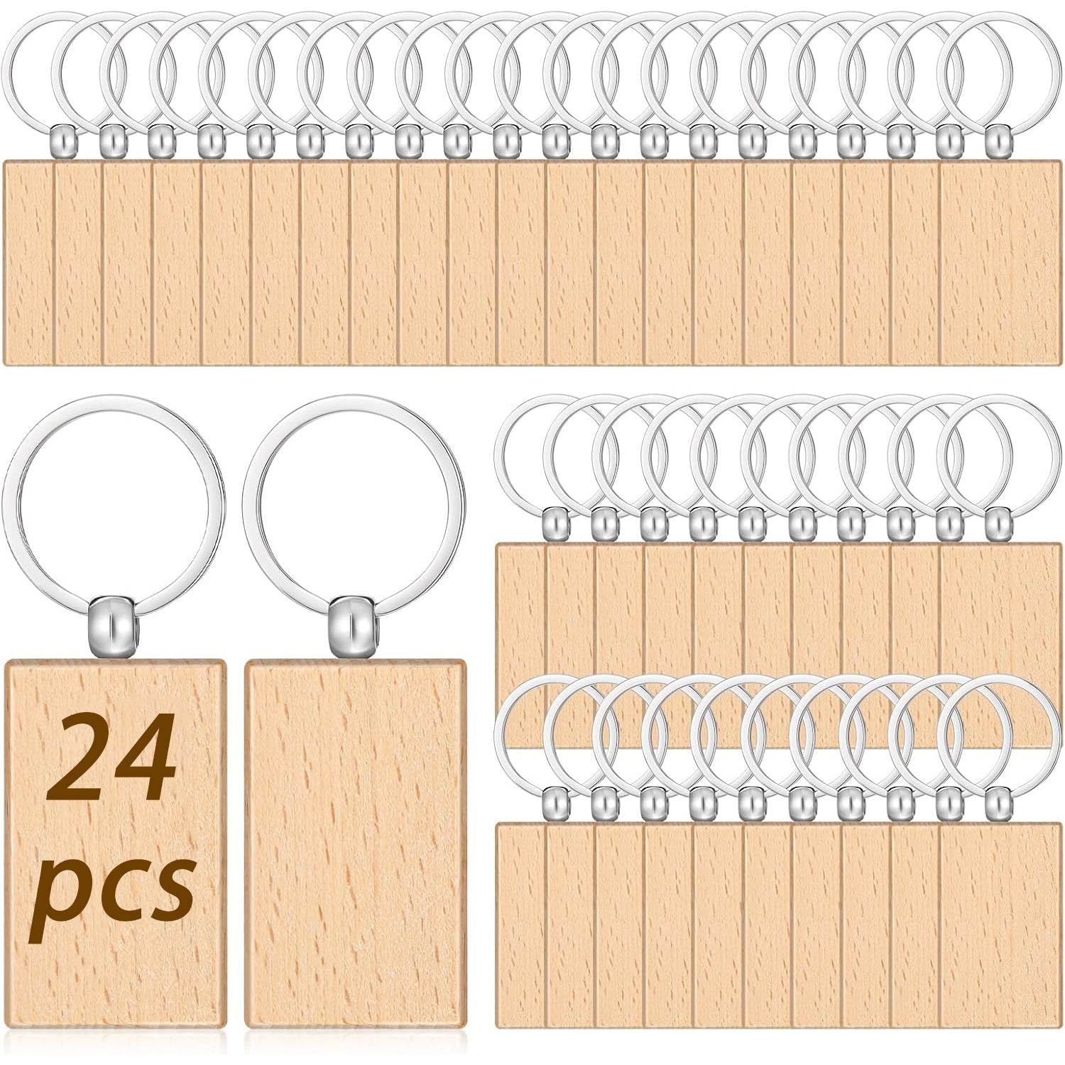 24/50/100 piezas de llaveros cuadrados de madera en blanco | Llaveros de madera sin terminar de alta calidad, etiquetas para grabado láser, discos pre-perforados, adornos hechos a mano, perfectos para proyectos, regalos de tallado en madera y decoraciones