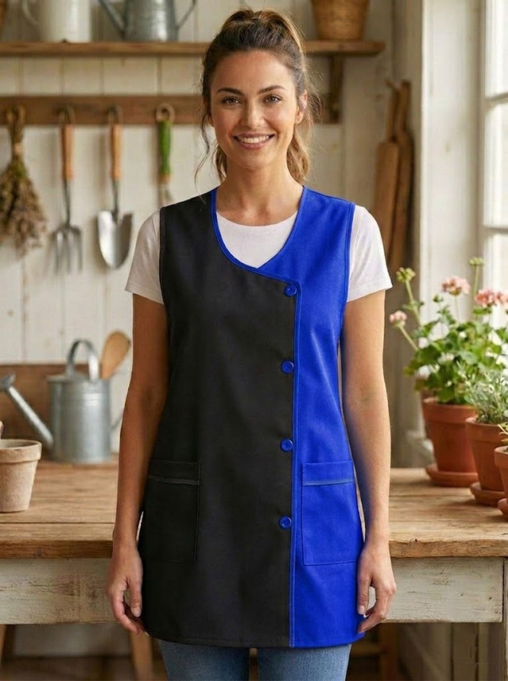 Mandilón de Cocina Liso para Mujer Cómodo y Resistente, Moderno y funcional Detalles: Bolsillos frontales y botones frontales Uso: Cocina, hogar, trabajo y actividades diarias