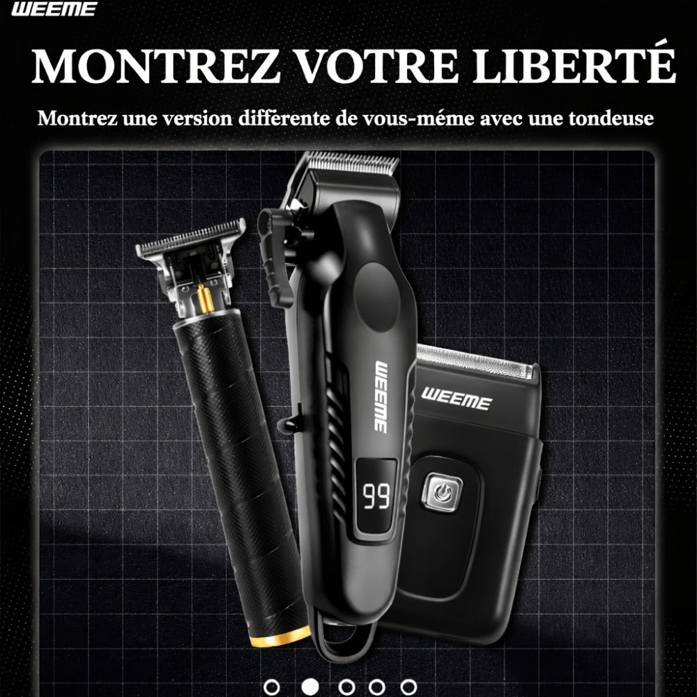 Kit de aseo eléctrico WEEME para hombre, , 3 piezas - Cortapelos + Recortador de barba + Máquina de afeitar eléctrica, carga USB, pantalla LCD de nivel de batería, ideal para peinado/afeitado/esculpir, uso en casa y viajes familiares en coche, regalo del