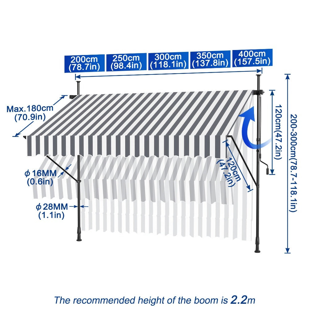 Funda para toldo de balcón con abrazadera, cubierta para toldo de balcón con manivela, sin perforación, altura ajustable para balcón y jardín