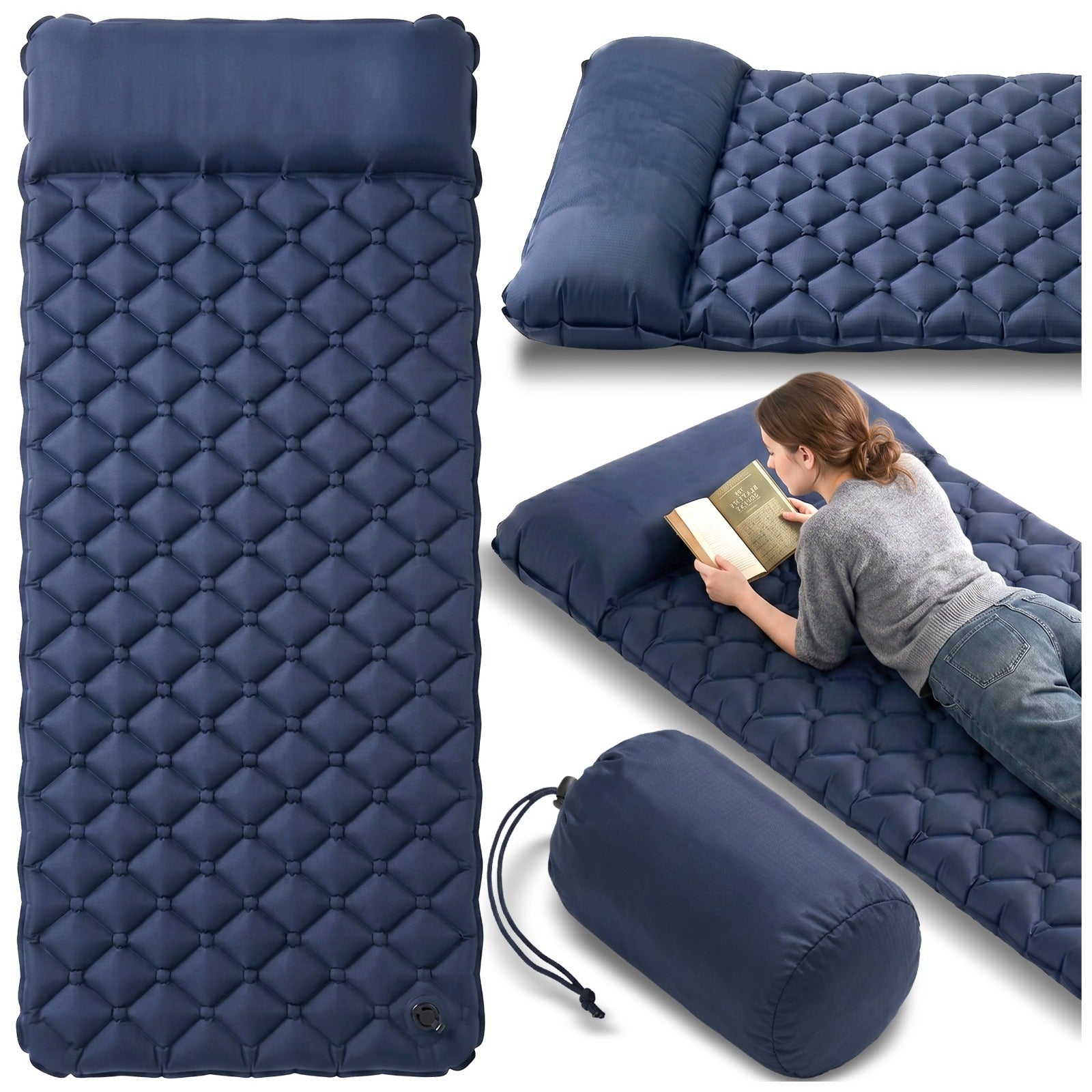 Colchón de camping inflable para una persona con almohada 190x58x5 cm XXL. Colchoneta de camping inflable ligera y colchoneta de camping en azul marino. Colchón de camping duradero con acolchado ergonómico en forma de diamante. Colchón de aire para una pe