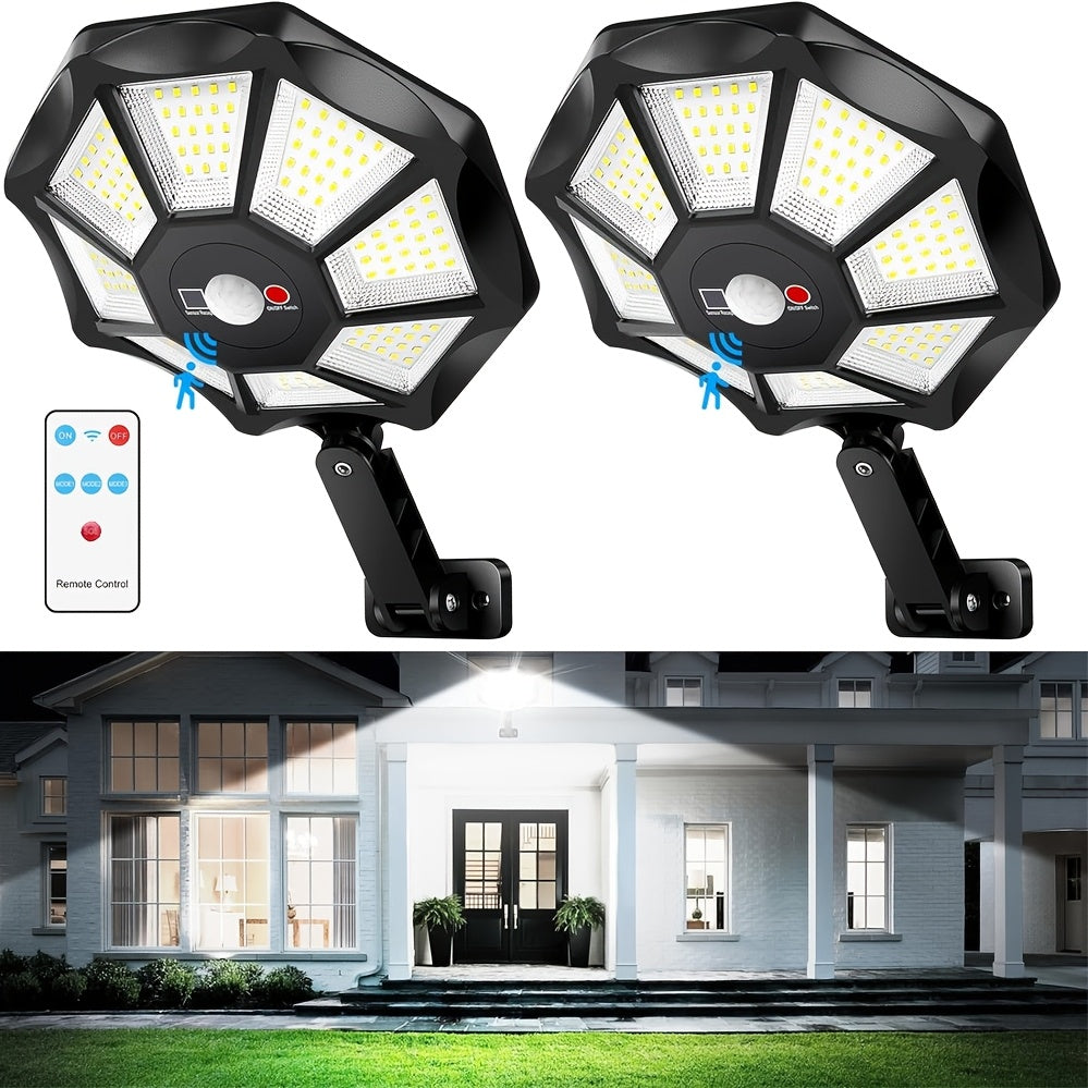 Juego de 2 farolas solares con sensor de movimiento y control remoto, luces solares de jardín de 168 LED con 3 modos de iluminación, reflector de iluminación de ángulo amplio de 360°, para calles comerciales, garajes, patios, terrazas de jardín y emergenc