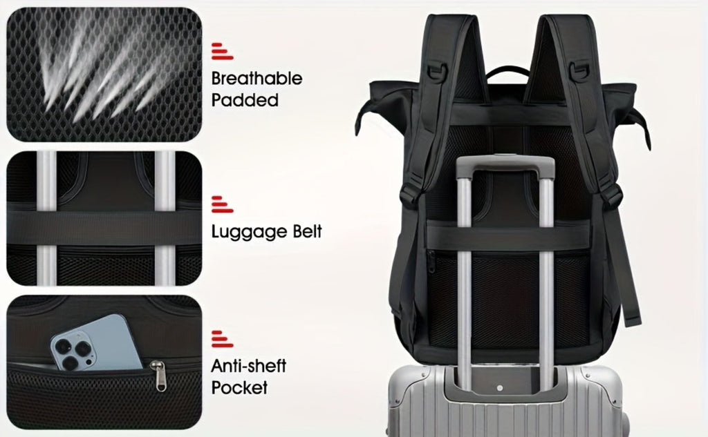 RAINSMORE Roll-Top Backpack Mochila para Hombre para Portátil de 17 pulgadas Mochila de Estudiante Mochila de Gran Capacidad Ideal para Universidad Trabajo Viajes y Ocio Negro 17.3-inch