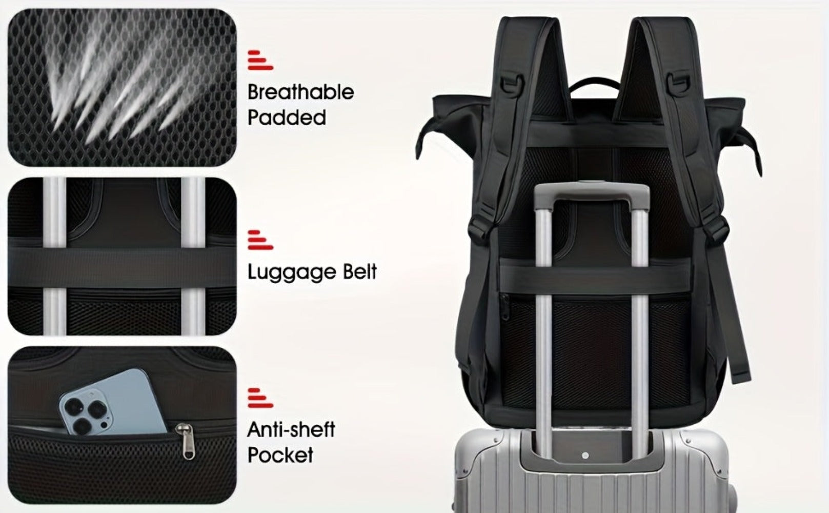 RAINSMORE Roll-Top Backpack Mochila para Hombre para Portátil de 17 pulgadas Mochila de Estudiante Mochila de Gran Capacidad Ideal para Universidad Trabajo Viajes y Ocio Negro 17.3-inch