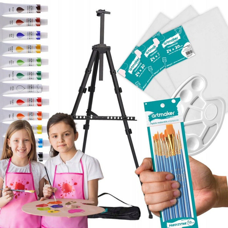 Set de Pintura Artística Artmaker con Caballete de Aluminio de 170 cm, Estuche y 3 Lienzos de Pintura de 24x30 cm, Incluye 12 Pinturas Acrílicas de 12 ml Cada Una, 10 Pinceles y Paleta de Pintura – Kit Completo de Pintura para Niños, Adolescentes y Adulto