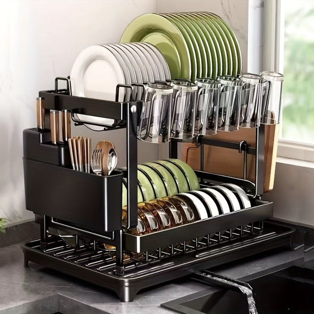Juego de escurridor de platos de 2 niveles con bandeja de goteo - Espera de metal grande para platos con desagüe, soporte para vasos, soporte para cubiertos y sistema de desagüe adicional - Accesorios de cocina para secado y organización eficiente de plat