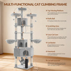Árbol para gatos de 220 cm de varias capas con 3 casitas para gatos, 3 plataformas, 3 hamacas, 8 postes de sisal, 1 bola de pelo y 1 cuerda de sisal