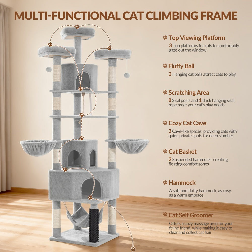 Árbol para gatos de 220 cm de varias capas con 3 casitas para gatos, 3 plataformas, 3 hamacas, 8 postes de sisal, 1 bola de pelo y 1 cuerda de sisal