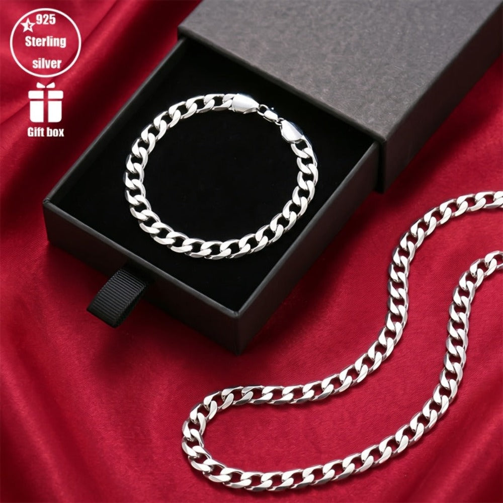 Conjunto de dos piezas de cadena de moda de plata 925, collar y pulsera para hombre, cadena pura para hombre, regalo de San Valentín, regalo del Día del Padre con caja de regalo exquisita incluida
