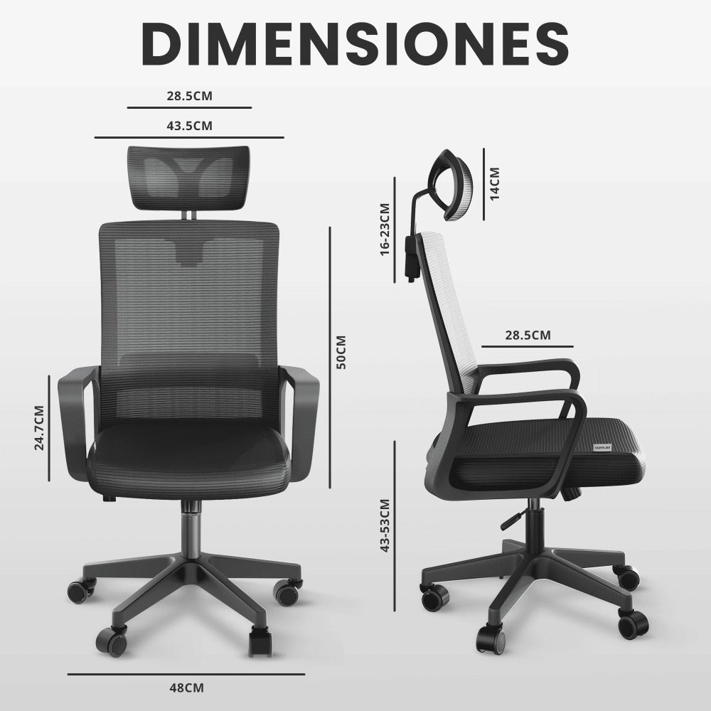 RELAXTY Silla de Oficina Ergonómica – Ajustable y Reclinable con Reposacabezas, Soporte Lumbar, Malla Transpirable y Ruedas 360° | Soporta Hasta 100 kg