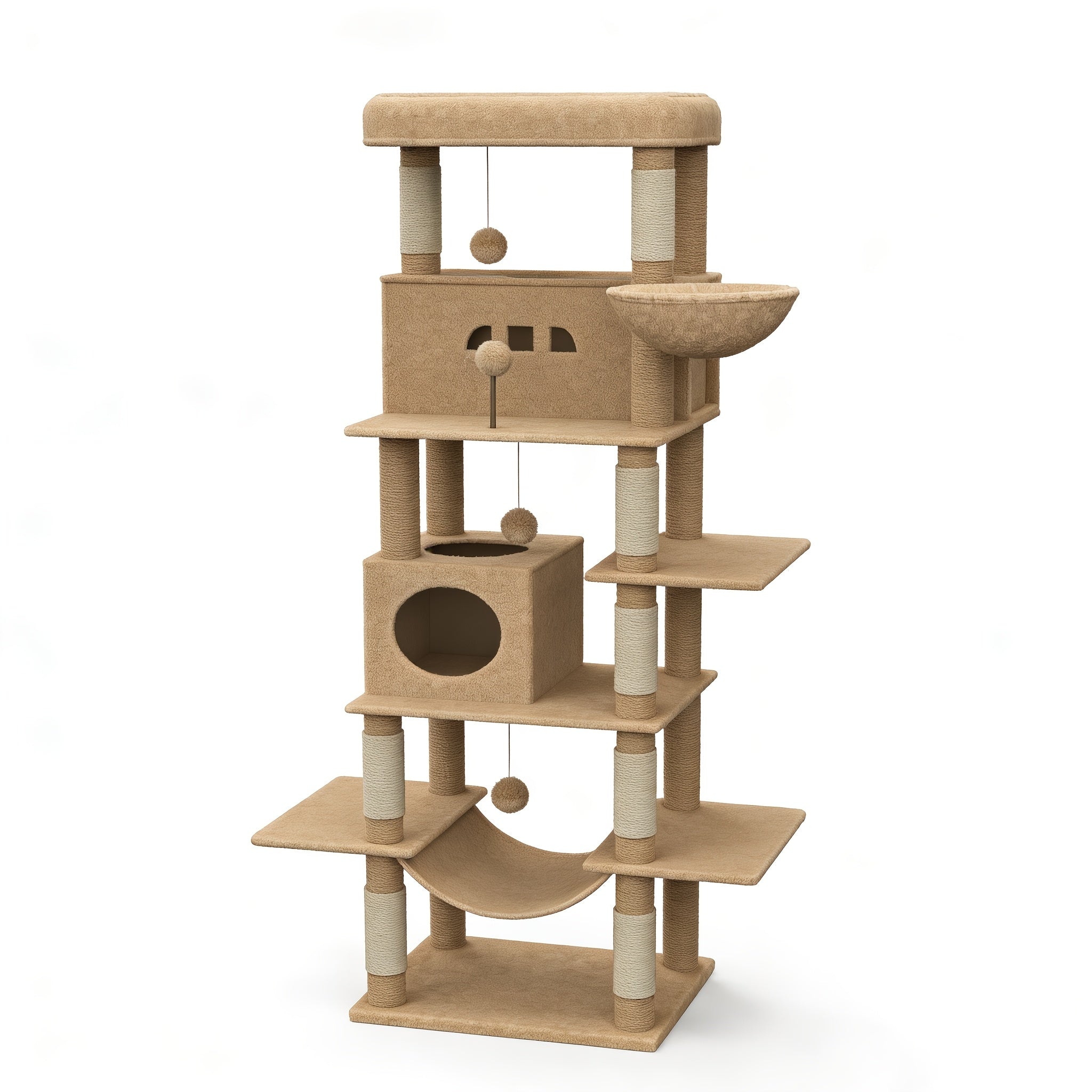 Rascador grande, árbol para gatos de 210 cm, con 8 postes rascadores, posadero, 2 cuevas, tapete lavable, hamaca, pelotas de felpa, rascador de varios pisos para gatos grandes, gris claro, gris oscuro