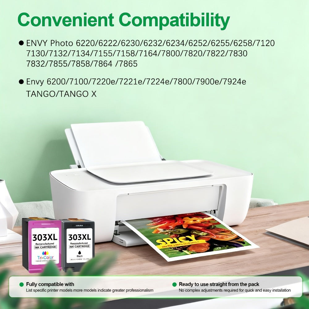 Vendidos por separado, paquete de 2 cartuchos de tinta 303XL para HP 303XL de alto rendimiento, compatibles con HP 7220e 7224e 7920e 7924e Envy Photo 6220 6230 6232 6234 7130 7234 7830 Tango X, negro y tricolor