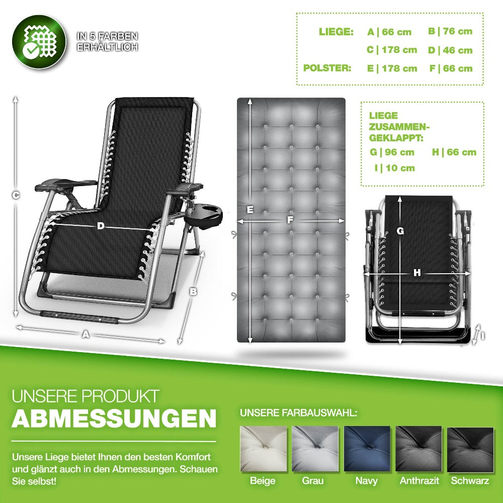 Tillvex® Tumbona Reclinable Plegable hasta 200Kg, Sillón de Sol para Jardín Exterior, Resistente a la Intemperie para Balcón, Jardín y Terraza, Ajustable con Acolchado Grueso, Reclinable, Extra Ancha, con Soporte para Bebidas
