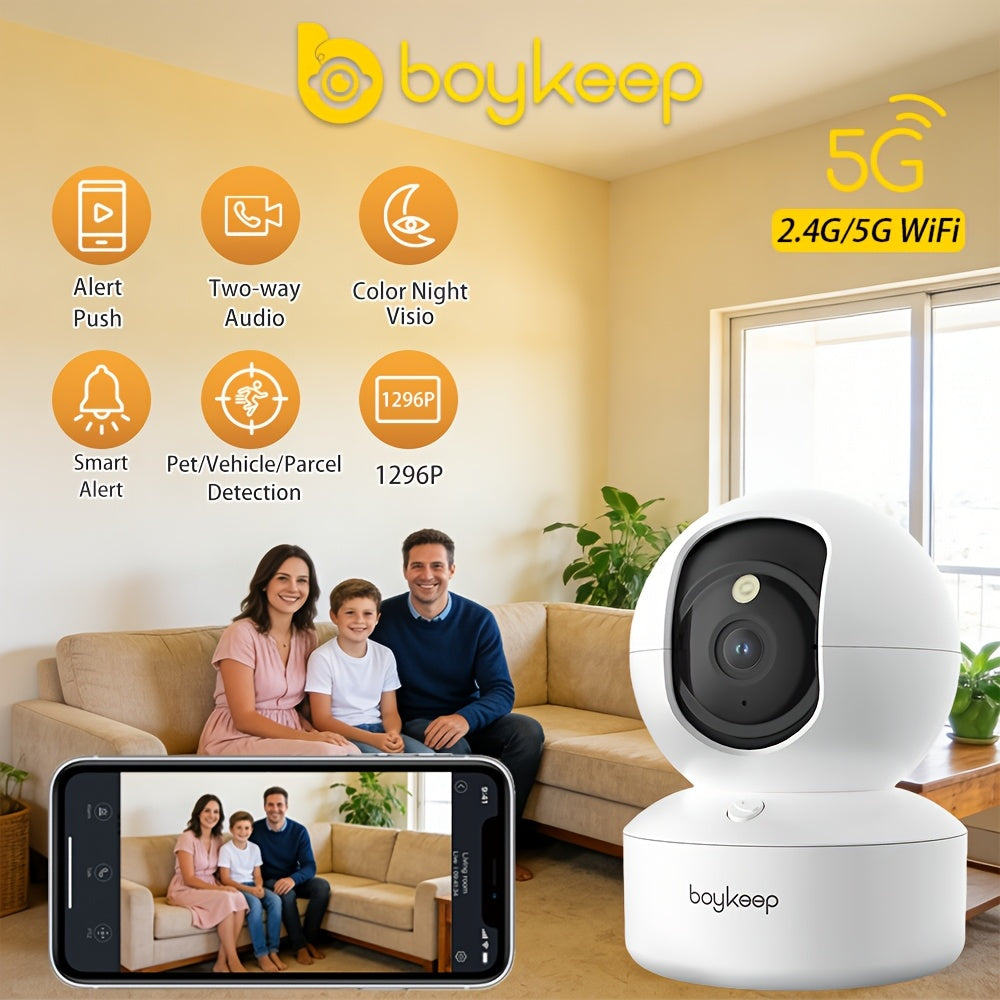 1pc Cámara de Vigilancia Wifi de Doble Banda 1296P, Alertas Inteligentes, Audio Bidireccional, Visión Nocturna a Color, Detección de Movimiento de Paquetes de Vehículos y Mascotas