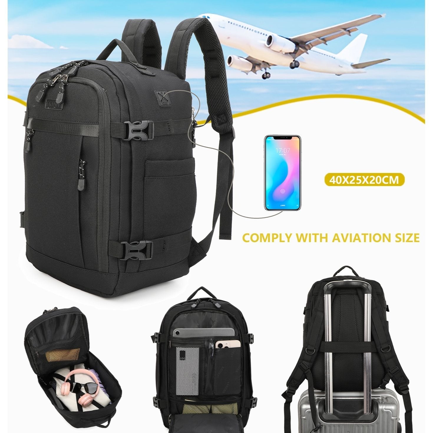 Mochila de cabina 40 x 20 x 25 cm (20 L) | Mochila ideal para viajes en avión | Mochila de cabina para hombre y mujer para el trabajo, viajes, senderismo y escuela