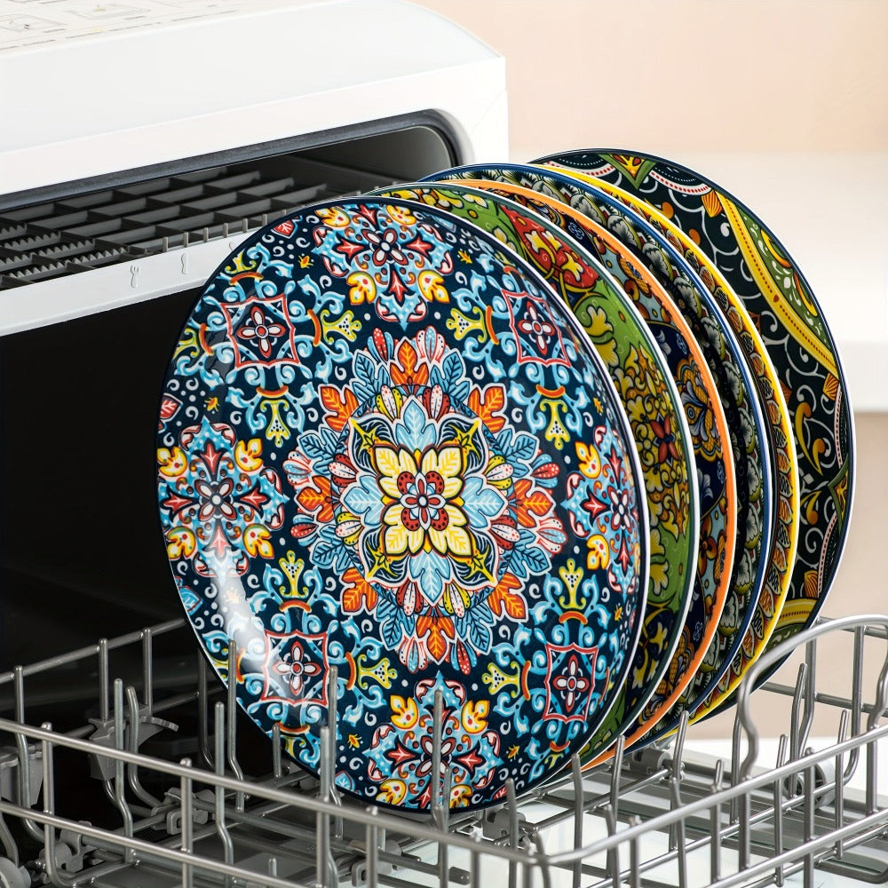 Juego de 6 platos llanos de cena SIMI estilo bohemio de porcelana, juego de platos de desayuno aptos para lavavajillas y microondas