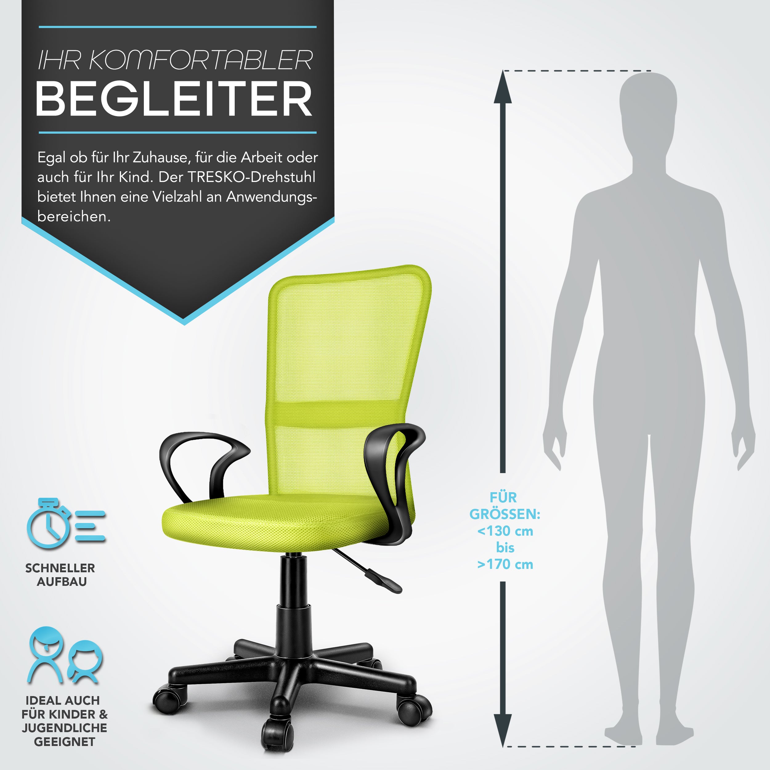 Silla de Oficina TRESKO® con Reposabrazos, Altura Ajustable Continua | Silla Giratoria de Malla Transpirable | Silla de Escritorio con Ruedas de Plástico Ligeras, Superficie Acolchada, Ajuste Ergonómico | Silla de Ordenador Ideal para Oficina en Casa, Hab