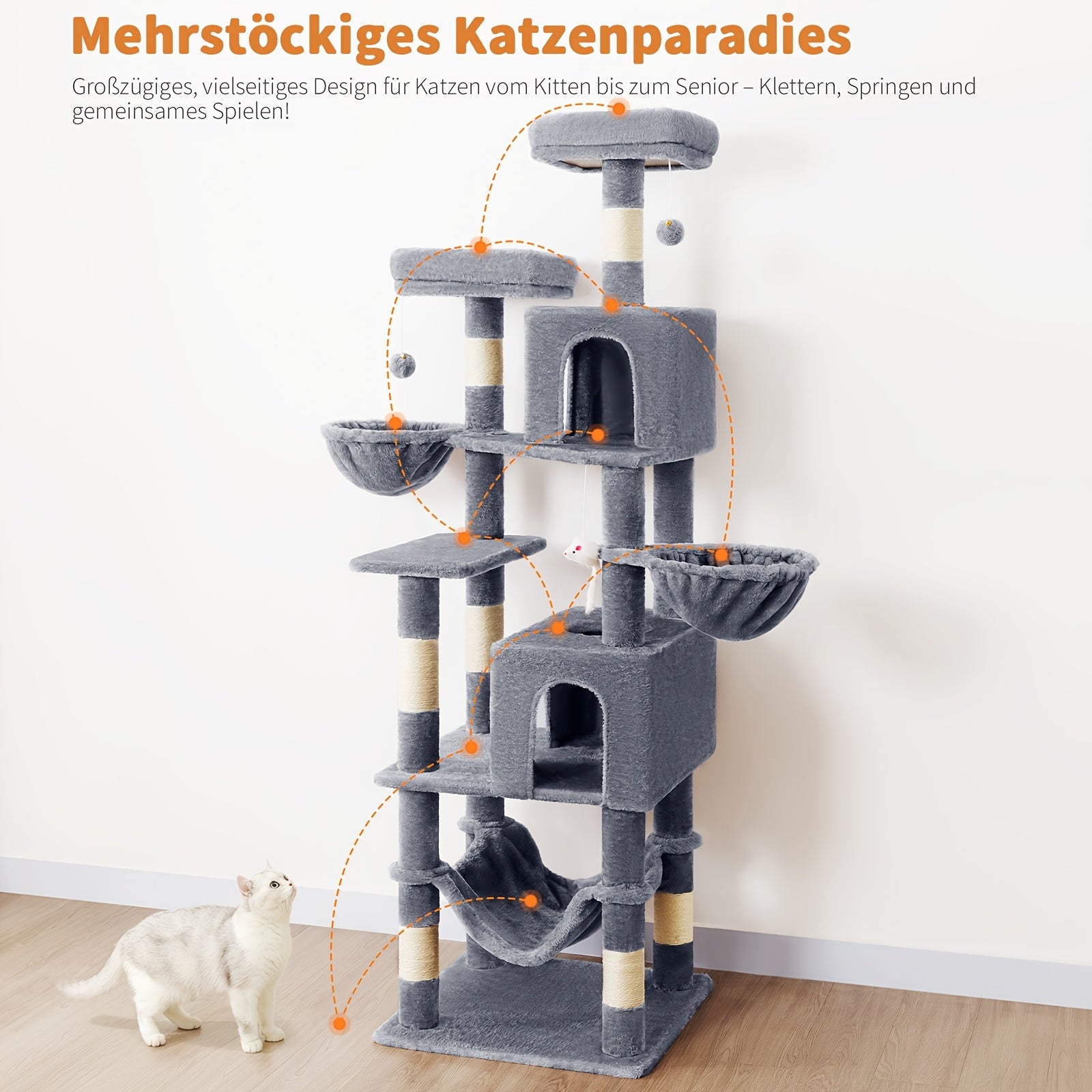 Rascador para gatos | AMHANCIBLE Árbol para gatos enorme, 180 cm, para gatos grandes adultos de interior, torre para gatos con 8 postes