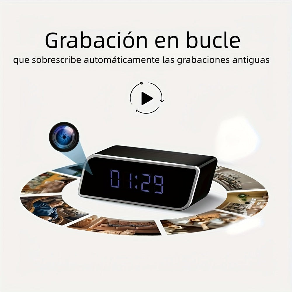 Cámara de reloj HD 1080P con gran angular de 110 grados y visión nocturna, grabación en bucle y funciones de alarma avanzadas. Cámara de reloj de escritorio WIFI6 con control por aplicación. Adecuada para monitoreo de seguridad interior en hogares, interi