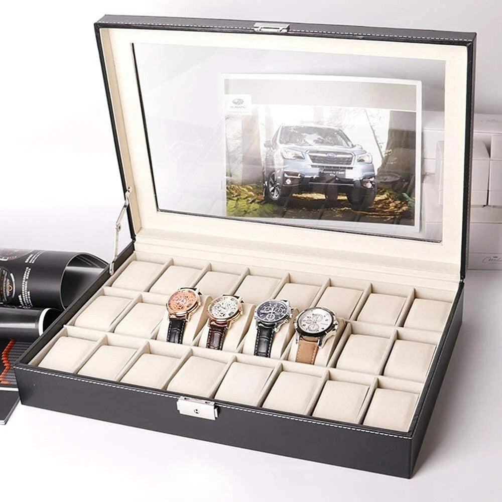 1 Caja para Relojes para 24 Relojes, Caja de Almacenamiento para Relojes de Hombre con Cerradura de Metal, Llave y Almohadillas Extraíbles, Idea de Regalo, Caja Negra para Relojes