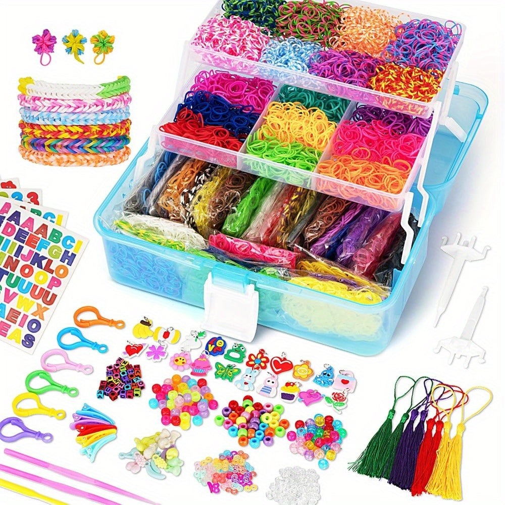 Un kit para hacer pulseras de gomas elásticas con 40 colores y más de 18,000 gomas elásticas, completo con un contenedor de tres capas. Es perfecto para manualidades, incluyendo pulseras y collares, y es un gran regalo para Navidad.