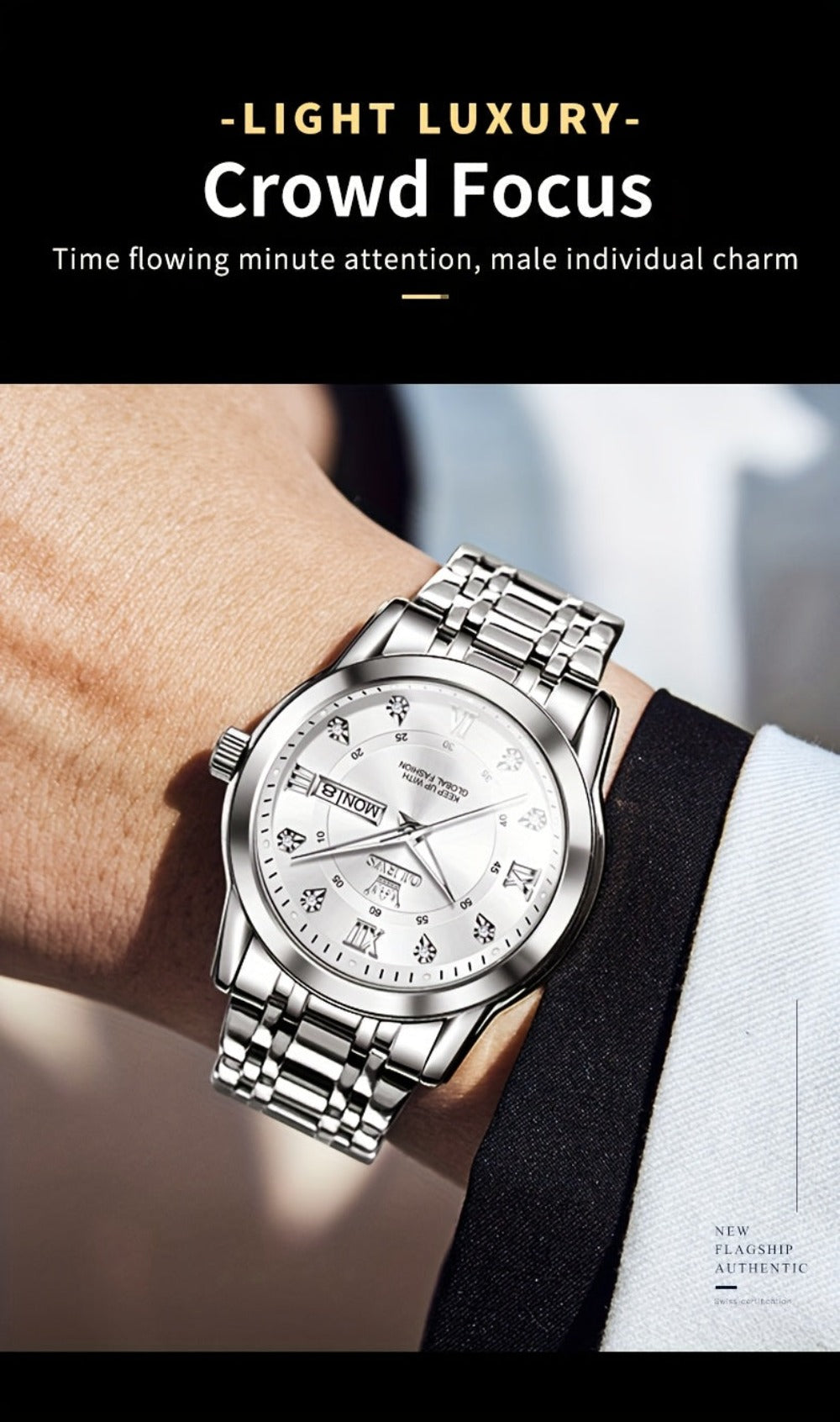 OLEVS Reloj de Lujo para Hombre, Diseño Elegante de Negocios con Diamantes de Imitación, Cuarzo Clásico de Acero Inoxidable para Hombre, Calendario Diurno Luminoso, Ideal para Regalos Románticos, Disponible en Esfera Azul/Negro/Blanco/Dorado