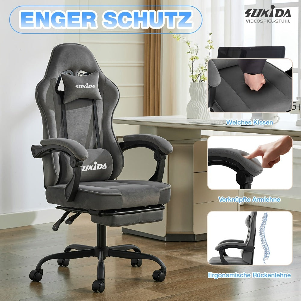 Silla de gaming SUKIDA de tela, silla de gaming ergonómica con reposapiés, silla de carreras para ordenador ajustable con soporte lumbar, silla ergonómica para PC negra
