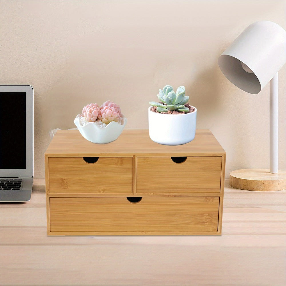 Organizador de escritorio de bambú, caja de organización de almacenamiento de mesa, almacenamiento de escritorio para clasificar y almacenar sellos, notas adhesivas, tijeras, facturas, bolígrafos, lápices, etc. (2 cajones superiores, 1 cajón inferior)