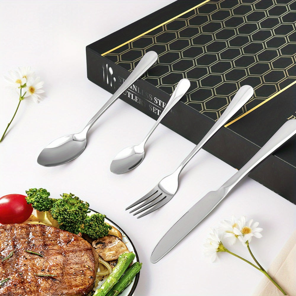 Juego de cubiertos de acero inoxidable de 48 piezas para 12 personas | Elegante caja de regalo, cubiertos premium, pulido espejo, apto para lavavajillas, cuchillos para bistec, tenedores y cucharas ergonómicas | para reuniones familiares, bodas, inaugurac